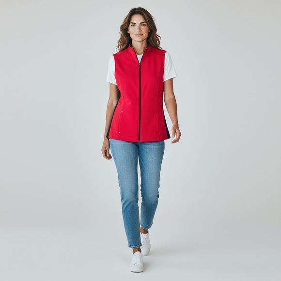 Womens Stretch Knit Zip Vest Red Weekends Chico’s sz 2 L 12 Valentines cozy - Picture 2 of 6